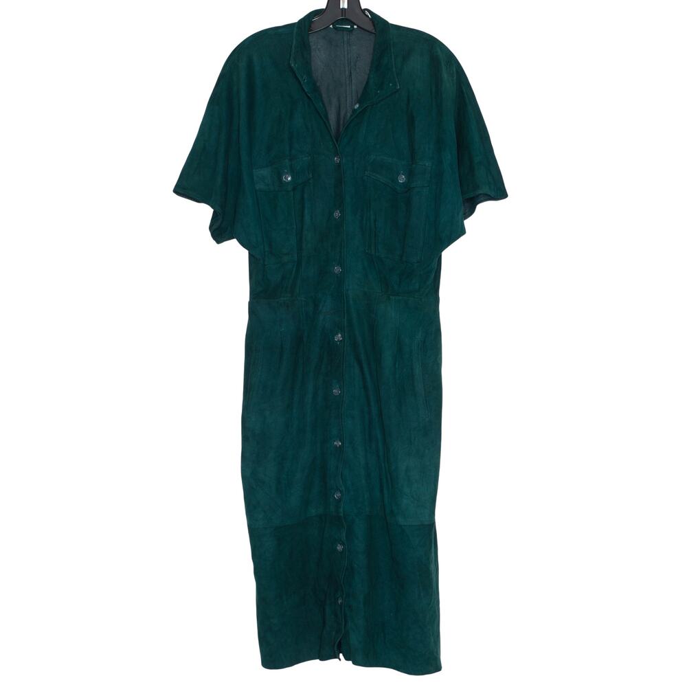 Vintage Suede Leather Shirt Dress Green Button Up Minimalist Grunge 90s 12 Flaws